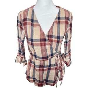 Blue Rain soft plaid top with tie detail M